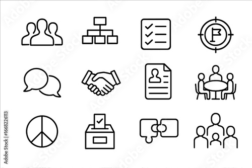Team Conflict Icons. Outline icon set of team conflict prevention: team silhouettes, workflow chart, checklist