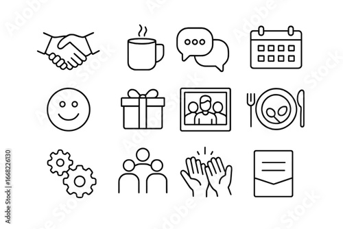 Team Building Icons. Outline icon set of building rapport with colleagues: handshake, coffee cup, chat bubbles