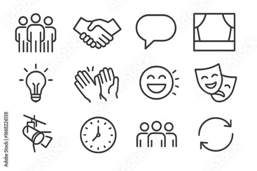 Team Improv Icons. Outline icon set of team improv exercises: group of people, handshake, speech bubble, stage