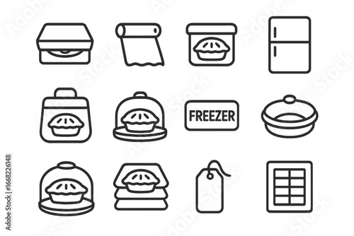 Pie Storage Icons. Outline icon set of pie storage and transport: pie box, plastic wrap, reusable container,