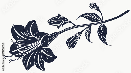 Elegant floral illustration featuring a blooming flower with buds and leaves on a curved stem design
