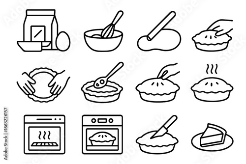 Baking Steps Icons. Outline icon set of baking steps: ingredient prep, dough mixing, dough rolling, crust