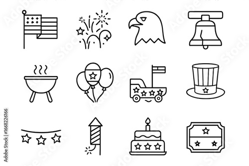 Independence Day Icons. Outline icon set of Independence Day celebration: American flag, fireworks, bald eagle