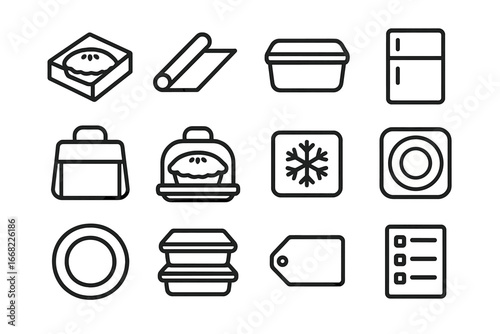 Pie Storage Icons. Outline icon set of pie storage and transport: pie box, plastic wrap, reusable container,