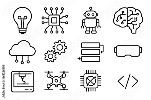 Tech Innovation Icons. Outline icon set of tech innovation: lightbulb, circuit board, robot, AI brain, cloud