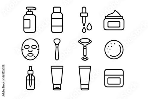 Beauty Routine Icons. Outline icon set of beauty routine essentials: cleanser bottle, toner, serum dropper,