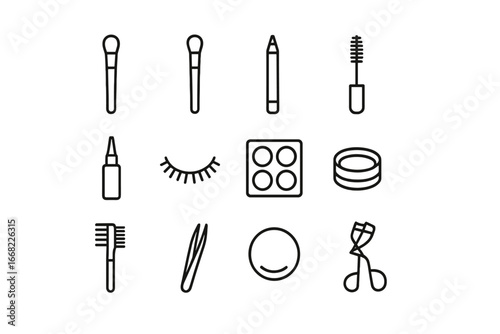 Eye Makeup Icon Set. Outline icon set of eye makeup accessories: eyeshadow brush, blending brush, brow pencil,