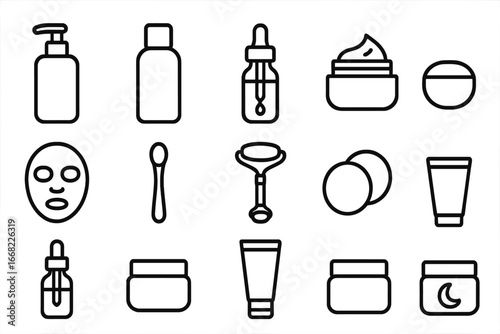 Beauty Routine Icons. Outline icon set of beauty routine essentials: cleanser bottle, toner, serum dropper,