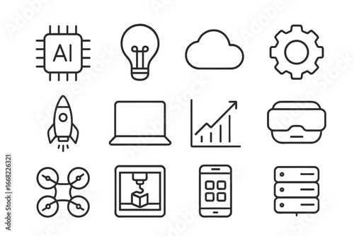 Technology Icon Grid. Outline icon set of technology-driven innovation: AI chip, light bulb, cloud, gear,