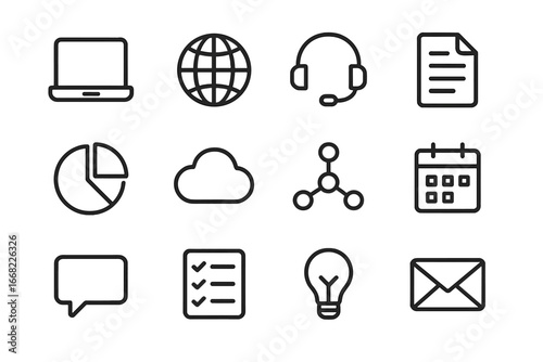 Technology Icons Grid. Outline icon set of technology for managing diverse teams: laptop, globe, headset,