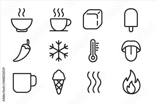 Temperature Icons Grid. Outline icon set of temperature in taste: hot soup, steaming cup, ice cube, popsicle,
