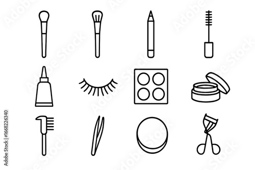 Eye Makeup Icon Set. Outline icon set of eye makeup accessories: eyeshadow brush, blending brush, brow pencil,
