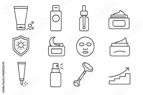 Skincare Steps Icons. Outline icon set of skincare steps order: cleanse icon, tone bottle, serum dropper,