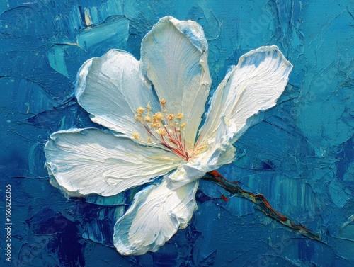 White Flower on Blue Abstract Background