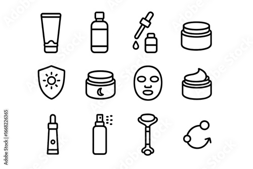 Skincare Steps Icons. Outline icon set of skincare steps order: cleanse icon, tone bottle, serum dropper,