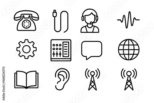 Telephone Invention Icons. Outline icon set of the invention of the telephone: telephone, cable, operator,