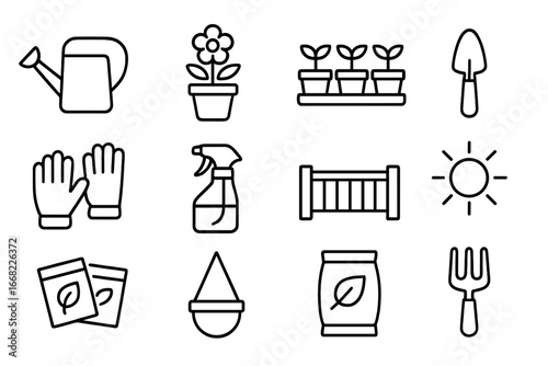 Terrace Gardening Icons. Outline icon set of terrace gardening: watering can, potted flowers, herb pots, small