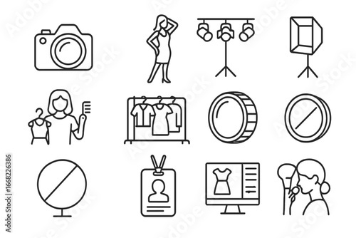 Fashion Photography Icons. Outline icon set of fashion photography: DSLR camera, model pose, runway lights,