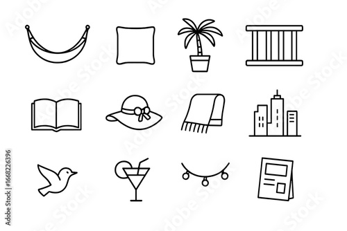 Terrace Relaxation Icons. Outline icon set of terrace hammock relaxation: hammock, cushion, potted palm,