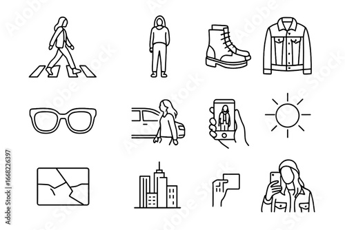Street Style Icons. Outline icon set of street style fashion photography: crosswalk pose, casual outfit, boots