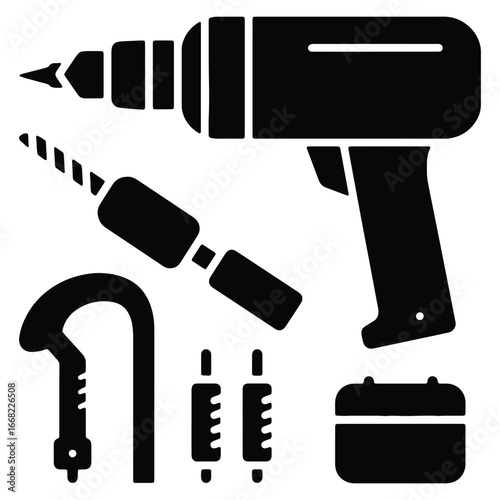Black and white icon set of cordless drill and various drill bits and tools for woodworking and home improvement projects and handyman services