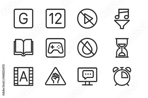 Age Control Icons. Outline icon set of age-appropriate content control: rating icons, video ban, music filter,