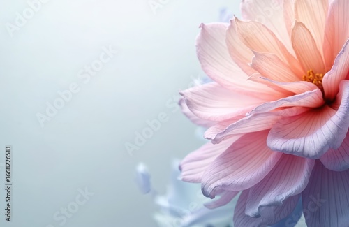 Close-up vibrant illustration of delicate flower with soft pink, lilac petals against pale blue background. Light pastel colors create dreamy, harmonious atmosphere. Ideal for nature, beauty, event