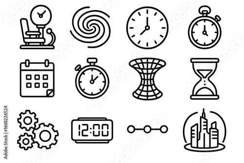 Time Travel Icons. Outline icon set of time machines and portals: time machine, vortex, clock face, pocket