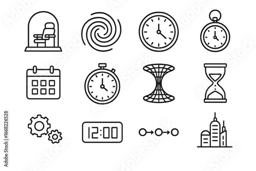 Time Travel Icons. Outline icon set of time travel gadgets: time machine, vortex, clock face, pocket watch,