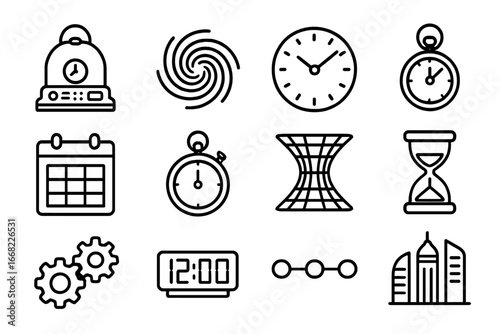 Time Travel Icons. Outline icon set of time machines and portals: time machine, vortex, clock face, pocket