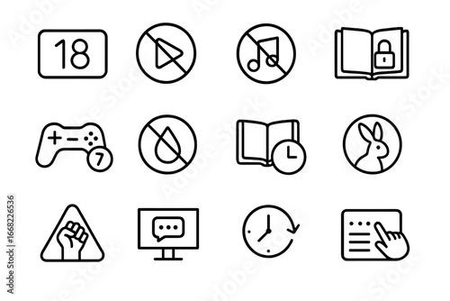 Age Control Icons. Outline icon set of age-appropriate content control: rating icons, video ban, music filter,