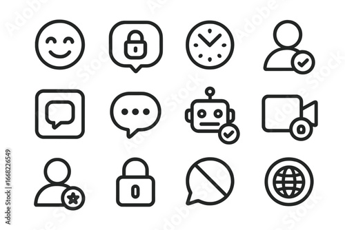 Digital Communication Icons. Outline icon set of safe digital communication: emoji filter, message preview