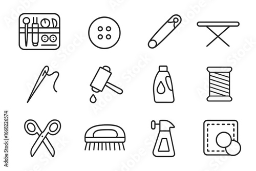 Clothing Repair Icons. Outline icon set of clothing repair and prep: sewing kit, button icon, safety pin, iron