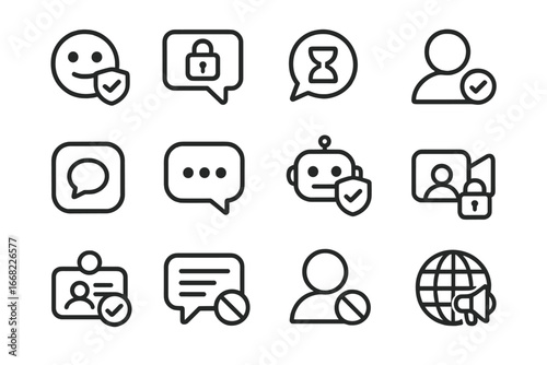 Digital Communication Icons. Outline icon set of safe digital communication: emoji filter, message preview