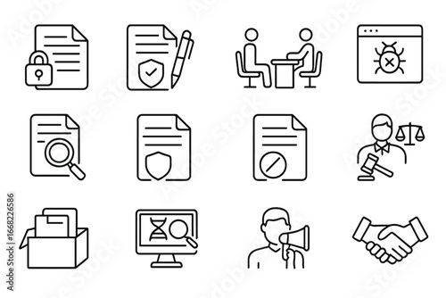 Trade Secret Icons. Outline icon set of trade secret litigation: confidential document, non-disclosure