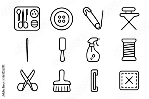 Clothing Repair Icons. Outline icon set of clothing repair and prep: sewing kit, button icon, safety pin, iron
