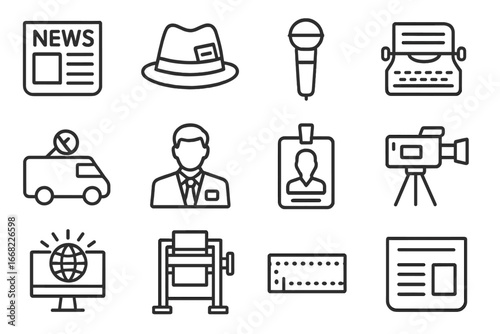 News Delivery Icons Grid. Outline icon set of news delivery methods: newspaper, press hat, radio mic,
