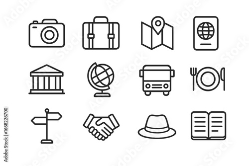 Travel Icon Set. Outline icon set of travel documentary photography: camera, suitcase, map, passport, landmark