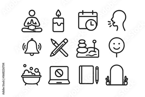 Stress Management Icons. Outline icon set of stress management tools: yoga pose, candle, time-off icon, deep