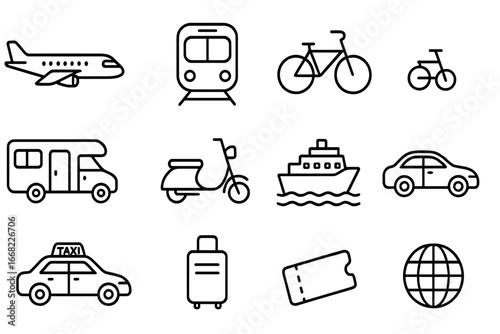 Travel Icons Collection. Outline icon set of transportation for traveling families: airplane, train, bus,
