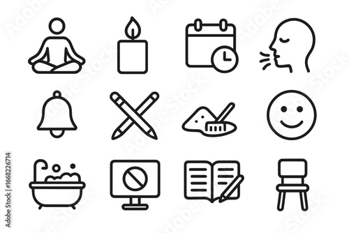 Stress Management Icons. Outline icon set of stress management tools: yoga pose, candle, time-off icon, deep