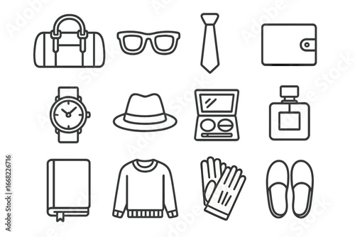 Travel Essentials Icons. Outline icon set of elegant travel essentials: leather duffle bag, travel sunglasses,