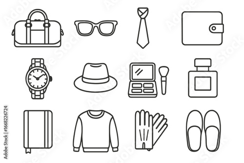 Travel Essentials Icons. Outline icon set of elegant travel essentials: leather duffle bag, travel sunglasses,