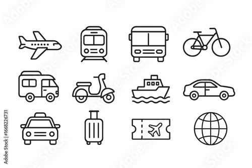 Travel Icons Collection. Outline icon set of transportation for traveling families: airplane, train, bus,