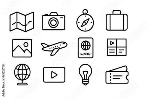 Travel Icons Grid. Outline icon set of travel storytelling: map, camera, compass, suitcase, photo, plane,