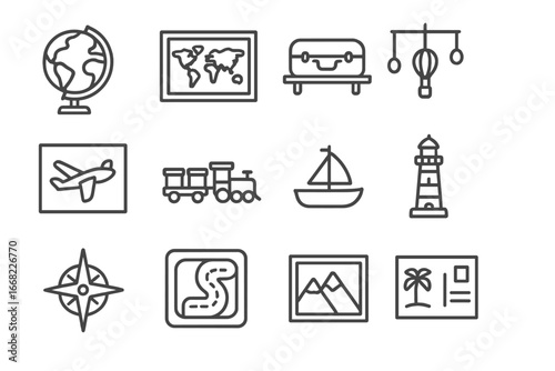 Travel Nursery Decor Icons. Outline icon set of travel-themed nursery decor: globe, map print, suitcase shelf,