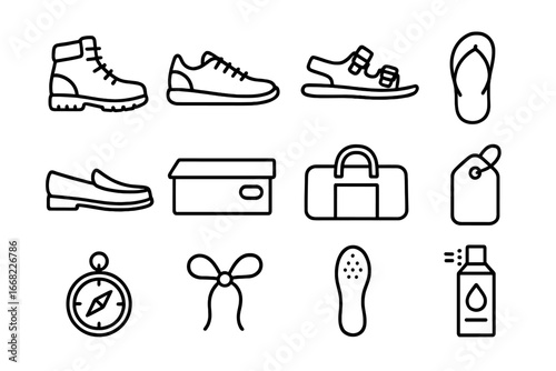 Travel Shoe Icons. Outline icon set of travel shoe essentials: hiking boot, sneaker, sandal, flip-flop, loafer