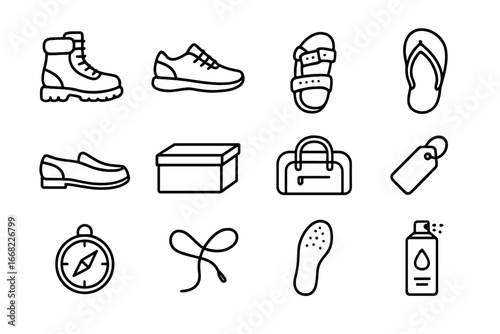 Travel Shoe Icons. Outline icon set of travel shoe essentials: hiking boot, sneaker, sandal, flip-flop, loafer