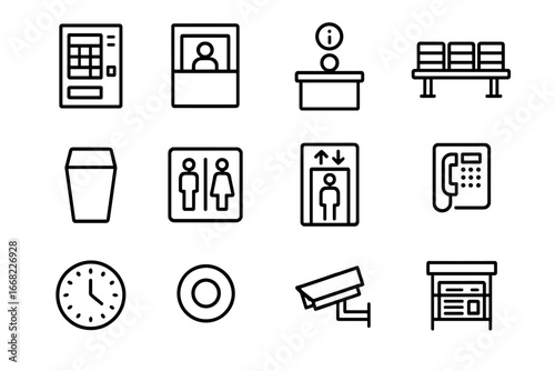 Subway Station Icons. Outline icon set of subway station facilities: vending machine, ticket kiosk, info booth
