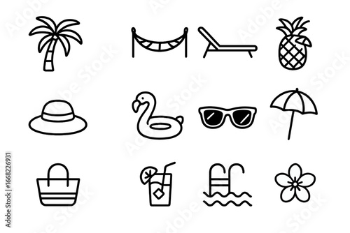 Tropical Pool Icon Set. Outline icon set of tropical pool vibes: palm tree, hammock, sun lounger, pineapple